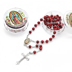 12 pezzi rosso profumo di perline in legno croce sacra ciondolo Guadalupe centro collana fatta <span class=keywords><strong>a</strong></span> <span class=keywords><strong>mano</strong></span> rosario cattolico con scatola - Product Image 2