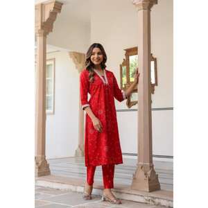 Exclusivo diseño de cuello color gris para mujeres y niñas en venta al por mayor puro algodón impreso recto Kurta con mangas impresas - Product Image 2