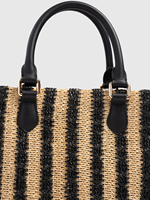 Sac à main en raphia tressé noir et beige à rayures, avec bordure en cuir, design convertible, idéal pour les femmes, les sorties shopping du week-end et les voyages en bord de mer