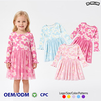 Robe florale rose marguerite pour petites filles, manches longues, corsage côtelé, jupe en tulle, collection printemps, idéale pour les fêtes, fournisseur en gros pour boutiques