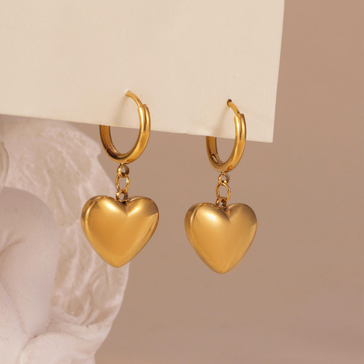 Golden 3D Heart Shape Earrings 18K Secure Stainless Steel Heart
