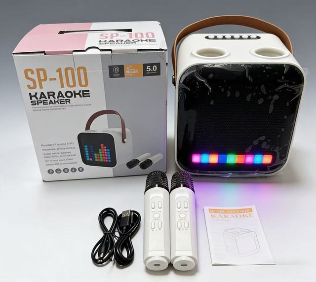 SP100 Mini Dual Mic Subwoofer Portable Karaoke Machine Wireless Speaker with Wireless Microphones Music Player for Adults Kids