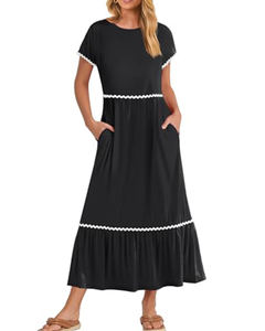 2025 nuevo diseño femenino suave suelto ajuste fluido escalonado manga corta vestido largo verano encaje ajuste cuello redondo vestido con bolsillos laterales. - Product Image 5