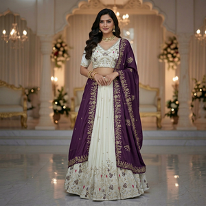 Ensemble Lehenga Choli Dupatta brodé en tissu épais pour femme, col en V, robe de soirée et de mariage - Product Image 1