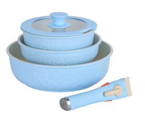 Cảm ứng sẵn sàng không dính nhôm Cookware Set với màu hồng màu xanh và màu xanh lá cây lớp phủ bên ngoài và Silicone Glass nắp 5 cái - Product Image 2