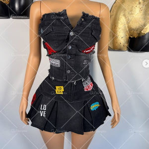 GX8656 Mode Kleidung Verkäufer Frauen Sexy Street Wear Denim Tube Tops und A-Linie Jeans Minirock 2-teiliges Set - Product Image 6