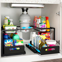 D5671 Organisateur sous évier extensible grande capacité à 2 niveaux avec panier coulissant pour outils de nettoyage et serviettes