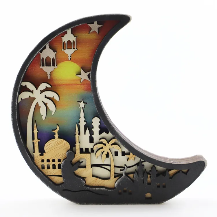 2023 New Eid Wooden Moon Wooden Decor with LED Light Home Accents Decor Wooden Crafts Eid Mubarak Festival Supplies Y713