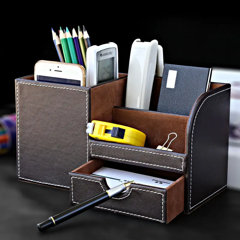 Multifunctional Leather Desktop Holder Storage Box Leather Pen Holder desktop stationery storage box