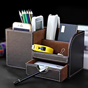 Multifunctional Leather Desktop Holder Storage Box Leather Pen Holder Desktop Stationery Storage Box