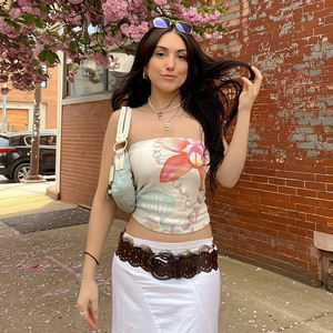 Débardeur sans bretelles à imprimé floral pour femme, coupe ajustée, dos nu, court, camisole d'été décontractée pour les vacances en polyester tricoté élasthanne - Product Image 2