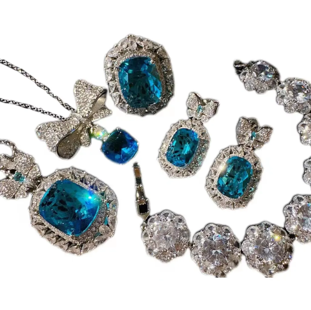 Luxury Jewelry Original Design 18K Gold Plated Bowknot Sri Lanka Sapphire Blue Big Carat Gemstone Diamond Necklace Earring