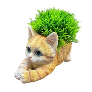 Pot de fleurs en résine en forme de chaton, jardinière décorative pour extérieur, couleur jaune et gris - Product Image 5