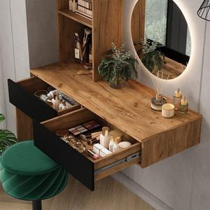 Table de maquillage murale flottante industrielle en bois noir avec <span class=keywords><strong>miroir</strong></span> LED rond, armoire de rangement et étagère – Vente en gros - Product Image 2