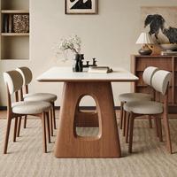 Table à manger rectangulaire en bois avec plateau en pierre de style Wabi-sabi, design minimaliste moderne pour appartements et villas. Meubles de salle à manger.