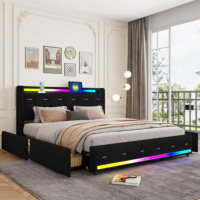 Plongez dans la musique avec le lit en velours, les doubles enceintes Bluetooth, les tiroirs dorés et les lumières RGB 400 couleurs Beige Gris Noir