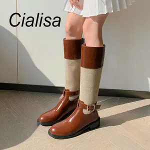 Cialisa复古拼接棕色真皮冬鞋女圆头平底鞋黑色长及膝长靴