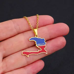 Manufacturer Enameled Haiti Map Chain Necklaces Stainless Steel 18K Gold Plated Enamel Haiti National Flag Map Pendant Necklace