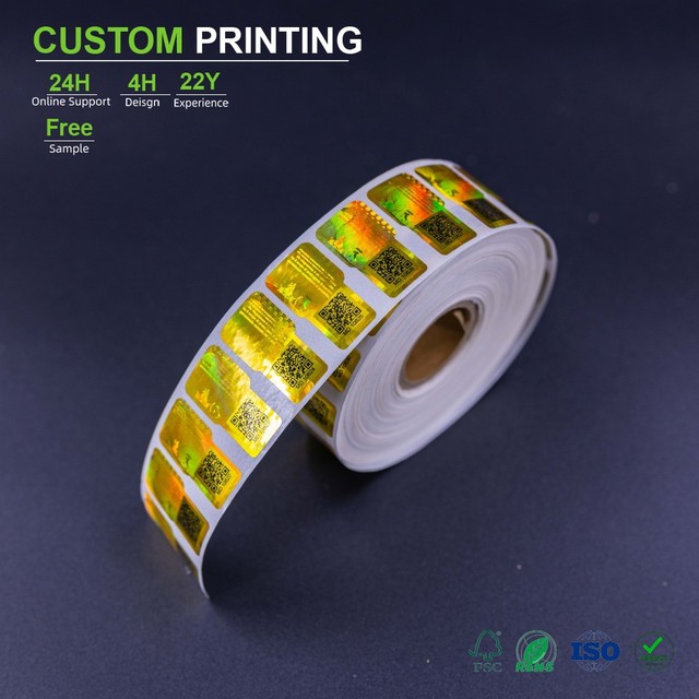 Custom Gold Hologram Security Label Roll Rounded Rectangle QR Code Sequential Code Micro Text Rainbow Iridescent for Product