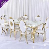Tables et chaises de fête rectangulaires en acier inoxydable au design de luxe et en or blanc Chaise d'événement pour anniversaire