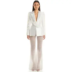 2024 Spring Lady Fine Workmanship Beading Solid Suit Long Sleeve Hollow Out Waist Blazer See-through Flared Pants Women 2Pcs