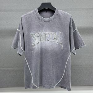 Heavyweight 100% Cotton <b>Cropped</b> O-Neck Tshirt Oversized Boxy <b>T</b>-<b>Shirt</b> Unisex Custom Embroidered Acid Wash <b>T</b> <b>Shirts</b> Pour Hommes - Product Image 3