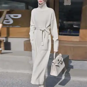 Custom Women's Sweaters Thick Knit Long Sleeve High Collared Sweater Dress With Coat Turtleneck Rib Knit Dresses Big Sweater