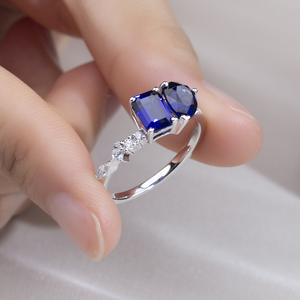 Messi Jewelry MSR-1805 <b>925</b> <b>Silver</b> Emreald Pear Cut May Birshstone Blue Sapphire Fashion <b>Ring</b> Claw Setting Two Stone <b>Ring</b> - Product Image 6