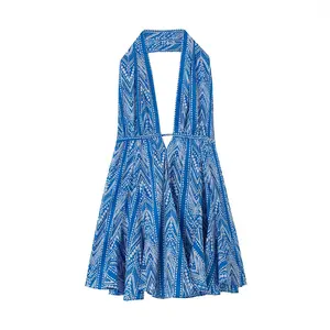 PB&ZA Women's 2022 Summer New Blue Print Halter Collar Dress Fashion Backless Ladies Dress Mujer