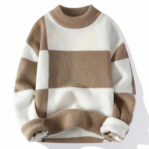 Men's Hong Kong Style Casual <b>Padded</b> Knitted Winter Warm Breathable Pullover Jacket Weave Neck Contrast Color Patchwork Pattern - Product Image 4