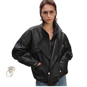 Chaqueta de Cuero Marrón Estilo Bomber Oversize Vintage, Abrigo de Invierno Holgado, Ropa Casual Urbana, Chaqueta Moto de Moda, Prenda Cálida - Product Image 3
