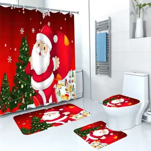 Cortina de baño impermeable con estampado navideño, Cuatro piezas, lavable a máquina