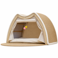 Lit pour chat en bois, dôme arqué, maisonnette pour chat, tente à gratter en jute, coussin amovible, jouet, meuble d'intérieur pour animaux de compagnie