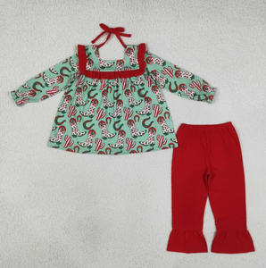 Western Christmas Print Top Solid Red Ruffle Bell Bottom Pants Kids Holiday Clothing Set - Product Image 1