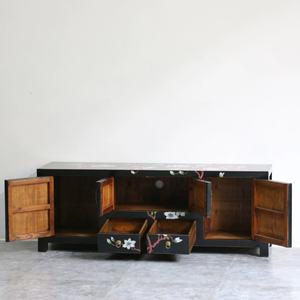仿古中式黑色实木电视控制台桌子6个搁板2个抽屉手绘桃花仿旧客厅橱柜 - Product Image 2