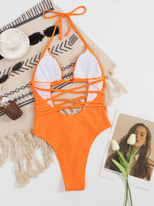 Bikini naranja de una pieza con logotipo personalizado para mujer, venta al por mayor, traje de baño calado de cintura alta, traje de baño con tirantes y cordones sin espalda - Product Image 6
