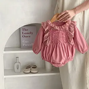 Baju monyet lengan terbang anak perempuan, Romper putri renda kerut lengan panjang musim gugur dan semi