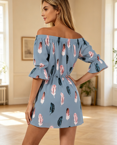 Women Summer Autumn Off Shoulder Feather Print Flare Short Sleeve <b>Elastic</b> Waist Loose Slim Vacation Casual Short <b>Dress</b> - Product Image 3