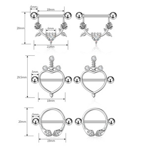 Anneaux de mamelon hypoallergéniques Chic pour femmes en acier inoxydable 316L coeur fleur CZ haltère Nipplerings Piercing bijoux - Product Image 6