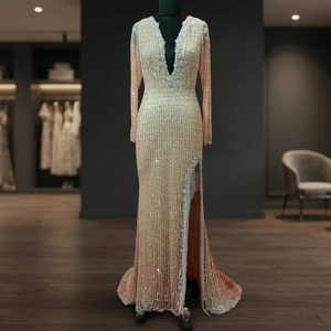 Royal Modern Elegant Design Party Wear <b>Beaded</b> Full Sleeve Side Slit V-neck Bow Natural <b>Waist</b> Gown Rajgadhia Exports - Product Image 2