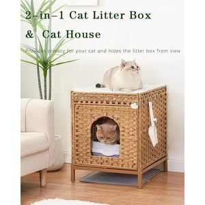 <b>Cat</b> Litter <b>Box</b> Enclosure X-Large Hand-Woven With Metal Stand Square Rattan Color Easy To Clean Including Rubber Mat - Product Image 4