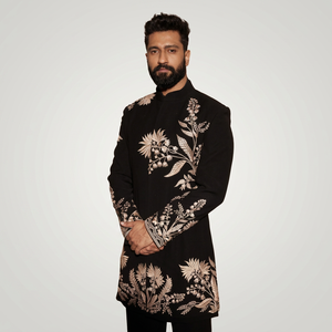 DAZZLING--GOLDEN EMBROIDERY on GROOM BLACK SHERWANI and <b>PANT</b> WITH EMBELLISHED CRYSTAL GLASS BEADS,DABKA WORK for WEDDING=2024 - Product Image 3