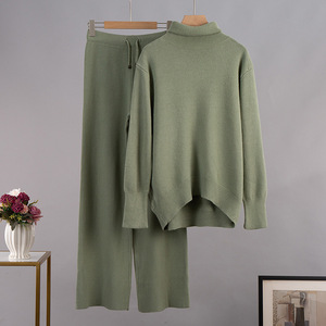 Pullover largo invernale a collo alto tinta unita pantaloni larghi lavorati a maglia da <span class=keywords><strong>donna</strong></span> 2 pezzi completo maglione da <span class=keywords><strong>donna</strong></span> - Product Image 3