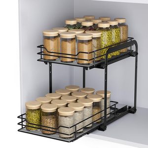 Étagère à épices <span class=keywords><strong>extensible</strong></span> à 2 niveaux pour lave-vaisselle Étagère d'évier relevable pour armoires de cuisine Supports de rangement pour la cuisine - Product Image 1