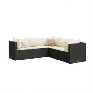 Ensemble de salon de jardin en rotin noir moderne avec coussins crème, capacité 7 personnes, mobilier d'extérieur - Product Image 1
