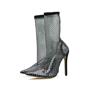 Summer Mesh Sandals Boots Black Mesh Sexy Open Toe Women's Shoes Rhinestone Stiletto High Heels - Product Image 5