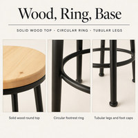 Tabouret de bar moderne sans dossier, hauteur comptoir, assise en bois massif, structure métallique, pour extérieur, écologique, résistant à l'eau, usage commercial