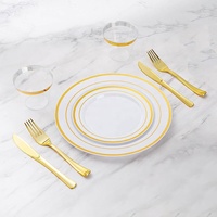 50 Guests Plastic Disposable Party Plate Serving Hot Stamp Food Cutlery Disposable Wedding Dishes Dinnerware Set with Gold Rim