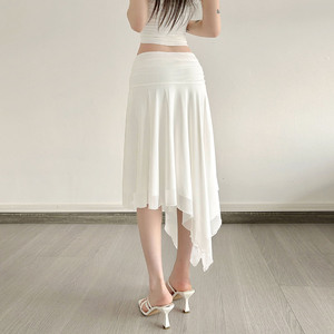 Falda Midi Blanca con Volantes Asimétricos y Lazos, Estilo Europeo Americano, Moda Minimalista, Vacaciones, Elegante, Transparente - Product Image 5