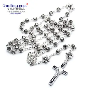 Holy Virgin Metal Rose Flower Beads Rosary Necklace Gift Religious Community Prayer Beads